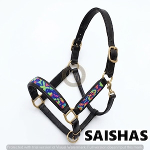 May include: A black leather horse headcollar featuring brass hardware and colourful beaded inlay patterns on the noseband and cheek pieces. The headcollar includes adjustable buckle straps and metal rings for secure attachment and fit.