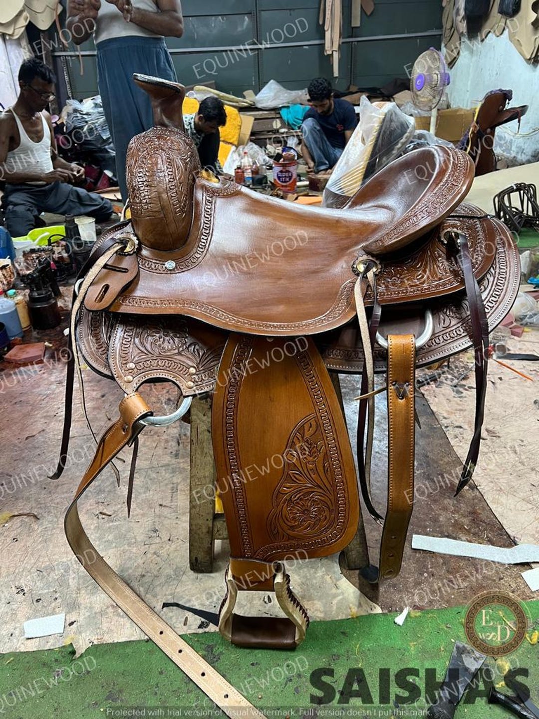 Hand Tooled Cowhide Leather Roping Saddle: SS Fittings, Free Tack Set ...
