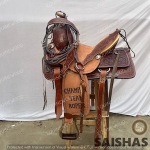 Western Leather Roping Saddle 10-18&quot; – Premium Cowhide, SS Fittings, Hand Tooled, Free Tack Set, Horse Riding & Ranch Work