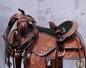 Hand Tooled Cowhide Leather Western Roping Saddle – Free Tack Set