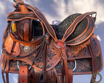 Hand Tooled Cowhide Leather Western Saddle 10-18" – Free Tack Set
