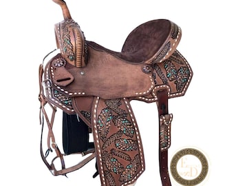Hand Tooled Leather Western Saddle Set | Barrel Racing Horse Tack