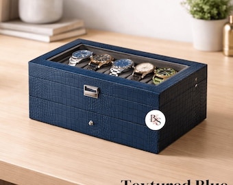 Modern Watch Box & Jewelry Organizer with 12 Slots and Drawer with Faux-Leather Luxury Finish