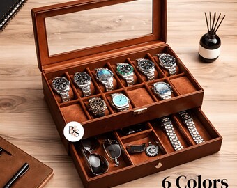 Modern Watch Box & Jewelry Organizer with 12 Slots and Drawer with Faux-Leather Luxury Finish