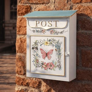 Vintage Butterfly Wall Mailbox - Decorative Metal Post Box, Lockable Farmhouse Mail-Holder and Wall Decor