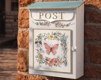 Vintage Butterfly Wall Mailbox - Decorative Metal Post Box, Lockable Farmhouse Mail-Holder and Wall Decor
