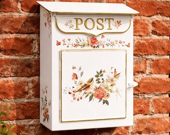 Vintage Bird Wall Mailbox - Decorative Metal Post Box, Lockable Farmhouse Mail-Holder and Wall Decor