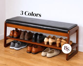 Handmade Solid Wood Entryway Shoe Storage Bench with Hidden Storage & Comfy Cushioned Seat