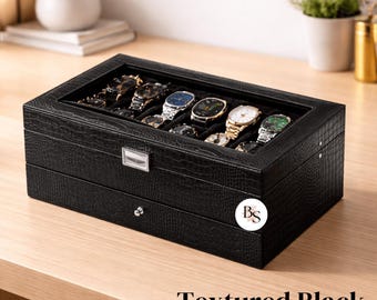 Modern Watch Box & Jewelry Organizer with 12 Slots and Drawer with Faux-Leather Luxury Finish