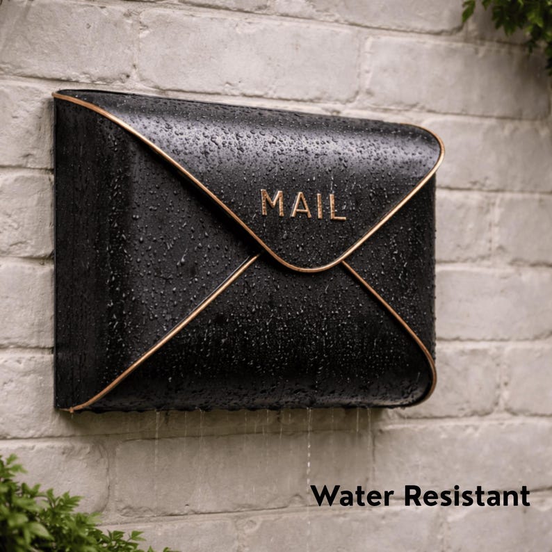 May include: Black mailbox with a copper-colored trim, mounted on a brick wall. The word "MAIL" is embossed on the front. The mailbox has a water-resistant design. The mailbox is shaped like an envelope.