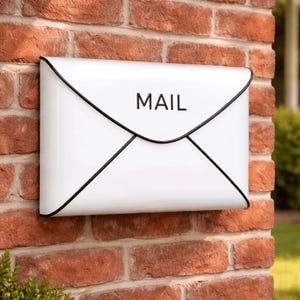 May include: White mailbox shaped like an envelope, mounted on a red brick wall. The word "MAIL" is printed in black on the front. The mailbox has a black trim around the edges, adding a contrasting detail to the design.