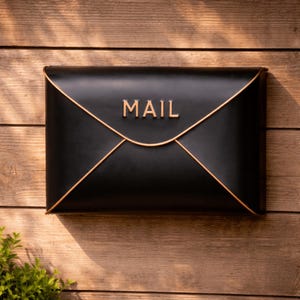 May include: A black mailbox with gold trim and the word "MAIL" in gold lettering. The mailbox is rectangular and mounted on a wooden surface. The design resembles an envelope.