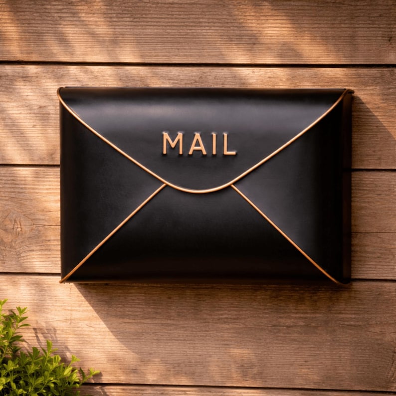 May include: A black mailbox with gold trim and the word "MAIL" in gold lettering. The mailbox is rectangular and mounted on a wooden surface. The design resembles an envelope.