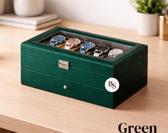 Modern Watch Box & Jewelry Organizer with 12 Slots and Drawer with Faux-Leather Luxury Finish