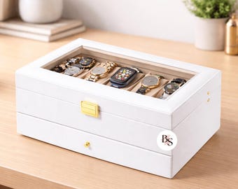 Modern Watch Box & Jewelry Organizer with 12 Slots and Drawer with Faux-Leather Luxury Finish