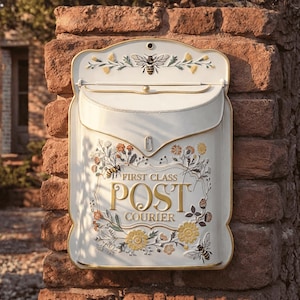 May include: Cream-colored mailbox with a floral and bee design. The mailbox has a curved top and a hinged door. The words "FIRST CLASS POST COURIER" are displayed in gold lettering. The mailbox is mounted on a brick pillar.