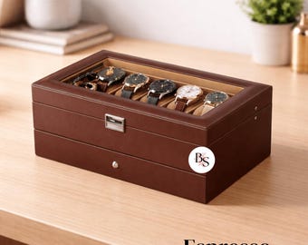 Modern Watch Box & Jewelry Organizer with 12 Slots and Drawer with Faux-Leather Luxury Finish