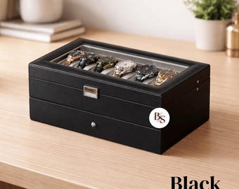 Modern Watch Box & Jewelry Organizer with 12 Slots and Drawer with Faux-Leather Luxury Finish