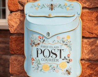 Vintage Wall Mailbox - Decorative Metal Post Box, Lockable Farmhouse Mail-Holder and Wall Decor