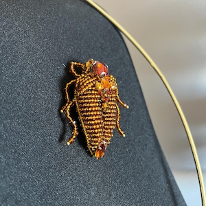 Puede incluir: Un broche de insecto elaborado con cuentas de semillas en tonos bronce y cobre metálico. El diseño presenta un cuerpo central adornado con cristales facetados de color ámbar en la cabeza y la cola, con finas patas de cuentas a los lados.