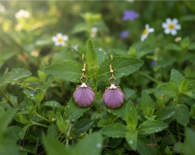Pink seashell with golden accent charm earrings