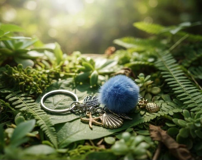 Sea inspired fluffy pompom keychain with natural stone charm