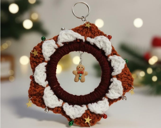 Crochet Gingerbread Man Christmas Wreath, Bells, Star Charms