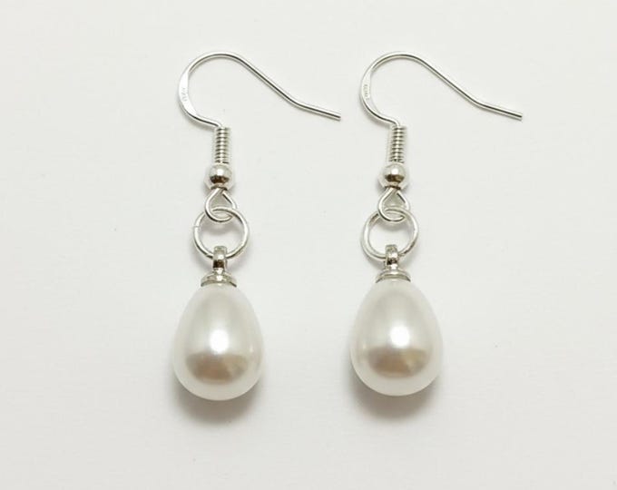 Faux Pearl Drop Earrings, Sterling Silver Hooks, Handmade