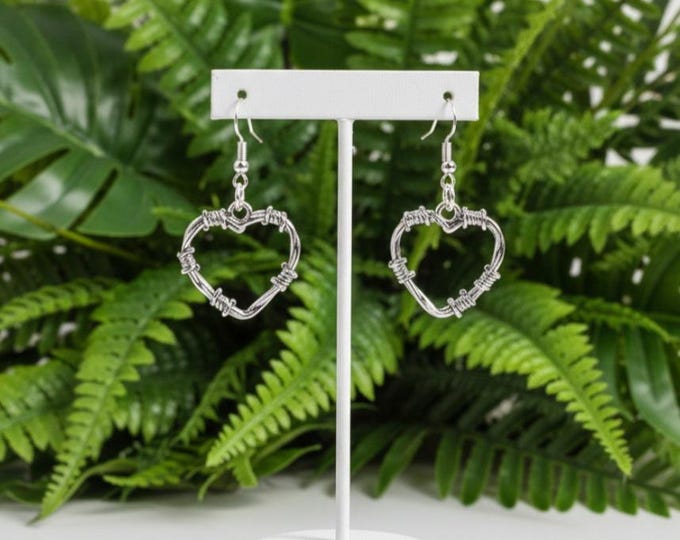 Barbed wire heart style gothic silver earrings
