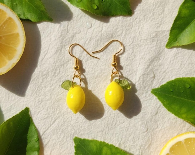 Handmade Lemon Drop Earrings, Yellow Fruit Charm, Summer Jewelry
