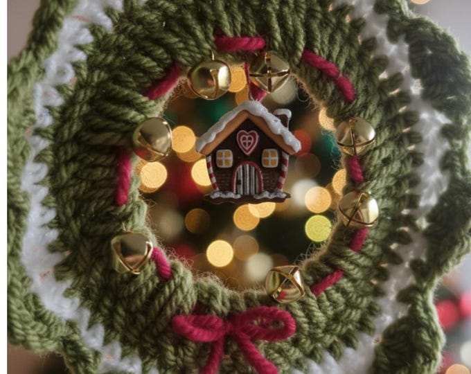Crochet Christmas Wreath, Gingerbread House Charm, Gold Bells, Handmade