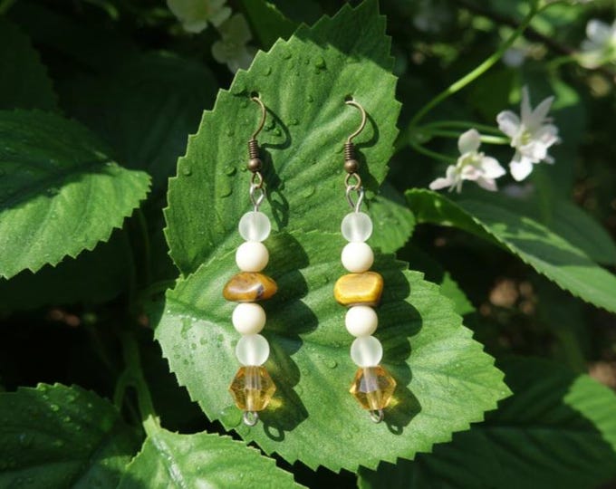 Tiger's Eye Beaded Dangle Earrings, Natural Stone