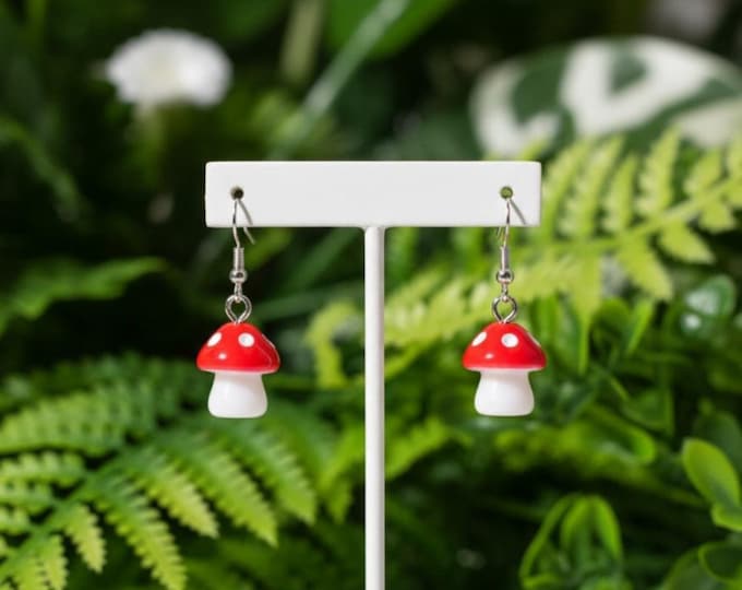 Red Mushroom Drop Earrings, Sterling Silver Hoops