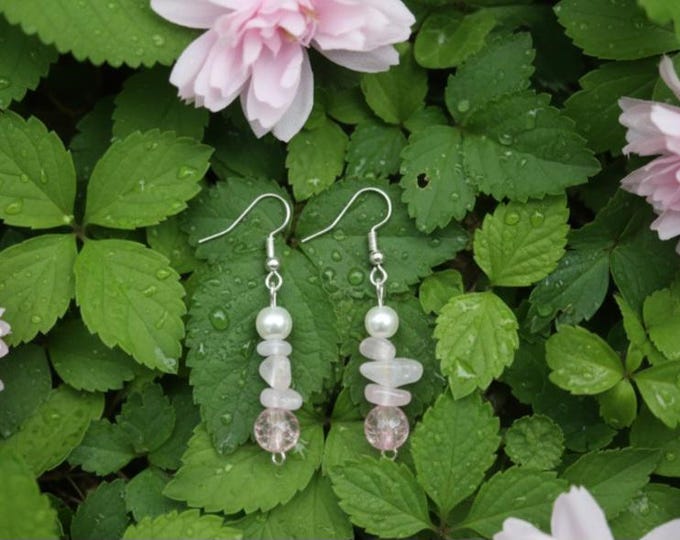 Rose Quartz Dangle Earrings, Natural Stone and Pink Bead