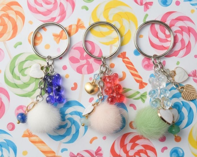 Gummy bear charm keychain with pompom and natural stone