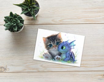 子猫とドラゴンのポストカード：気まぐれなファンタジーアートプリント