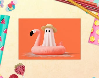 Summerween Ghost Flamingo Postcard – Spooky Halloween Stationery