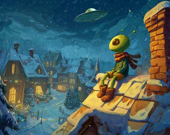 Cozy UFO Winter Village Wrapping Paper – Alien Waiting for Santa