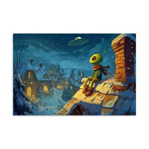 Könnte beinhalten: Eine skurrile Illustration zeigt einen Außerirdischen mit grünem Kopf und Antennen, der einen Schal und Stiefel trägt und auf einem verschneiten Dach sitzt. Ein UFO schwebt über einer schneebedeckten Stadt mit beleuchteten Fenstern und Weihnachtsbeleuchtung unter einem dunklen, sternenübersäten Himmel.