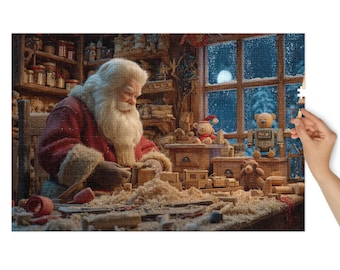 Puede incluir: Ilustración detallada de Papá Noel en su taller, fabricando juguetes de madera. Lleva un abrigo rojo con ribete de piel blanca. La escena incluye una ventana con una vista nocturna nevada y varias figuras de juguetes.