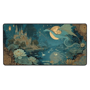 May include: A rectangular desk mat featuring a fantasy landscape with a castle, a dragon, and a full moon. The color palette includes shades of blue, gold, and teal. Swans swim in the water, and the border has an ornate design.