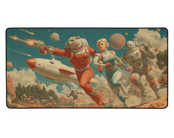 Atomic Moon Escape XXL Schreibtischmatte: Retro Pulp Weltraum Abenteuer