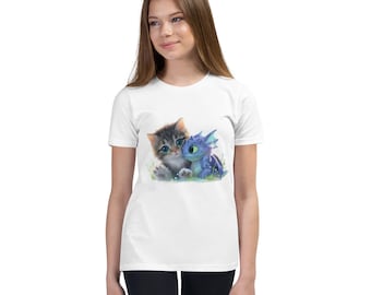 Whiskers & Wings Youth T-Shirt – Cat and Dragon Fantasy Tee | Cozy Kids Unisex Graphic Top