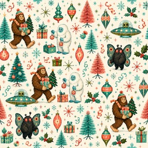 May include: A repeating pattern featuring brown sasquatches carrying gifts, white yetis decorating with ornaments, moth-like creatures with large wings, and green flying saucers with aliens, interspersed with Christmas trees, holly, and snowflakes.
