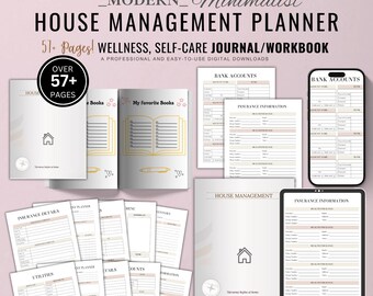 May include: A digital house management planner with the text "HOUSE MANAGEMENT PLANNER" and "WELLNESS, SELF-CARE JOURNAL/WORKBOOK". The image shows various pages, including "BANK ACCOUNTS" and "INSURANCE INFORMATION". The planner has over 57 pages.