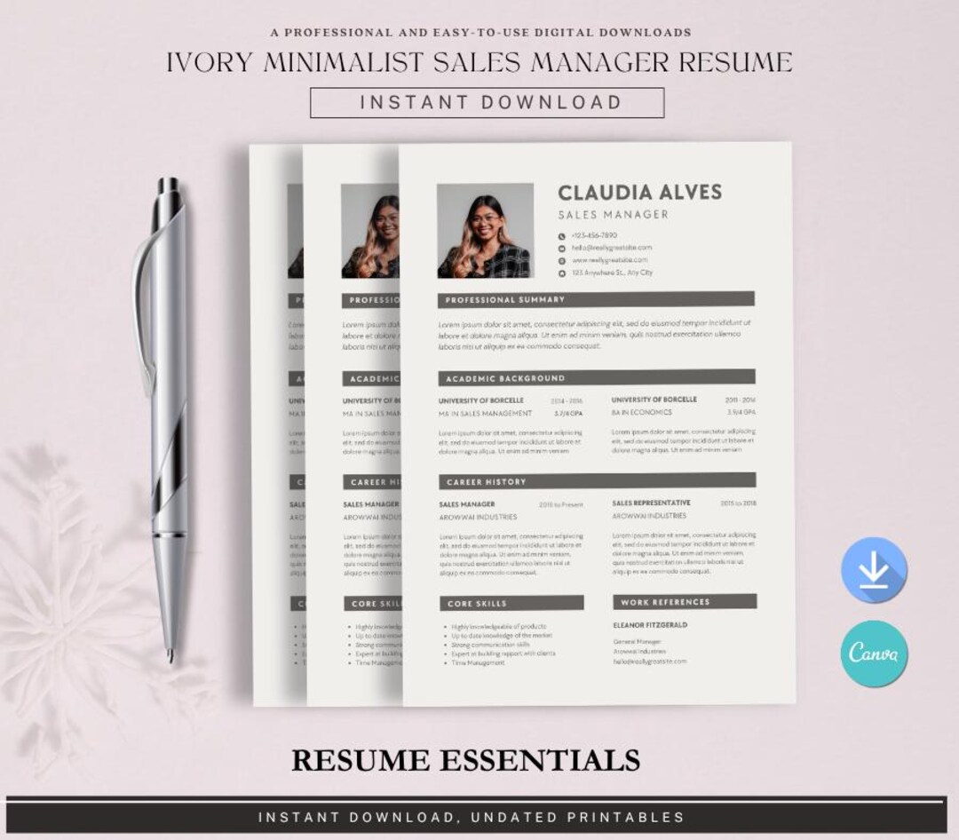 Minimalist Sales Manager Resume Template | Clean CV for Canva ...