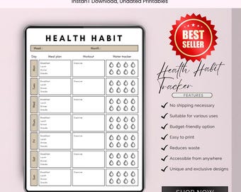 Health Habit Tracker Printable, Daily Weekly Wellness Log, Fitness, Nutrition, Self-Care Goals, Digital Habit Planner PDF, Wellness Tracker