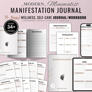 Peut inclure: Un journal de manifestation numérique de plus de 34 pages, comprenant un planificateur hebdomadaire, une liste de gratitude quotidienne et des pages de définition d'objectifs. Le journal est conçu pour le bien-être et les soins personnels, avec un design minimaliste.