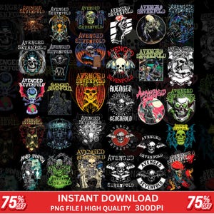 May include: A selection of Avenged Sevenfold graphic designs, showcasing skulls, bats, and the band's logo in black, white, red, and green. The image includes the text "INSTANT DOWNLOAD" and "75% OFF".