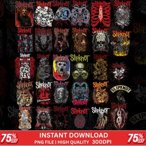 May include: A collection of Slipknot band graphics in various designs. The images feature skulls, masks, and other dark imagery, with the band's name prominently displayed. The text "INSTANT DOWNLOAD" and "75% OFF" are also visible.